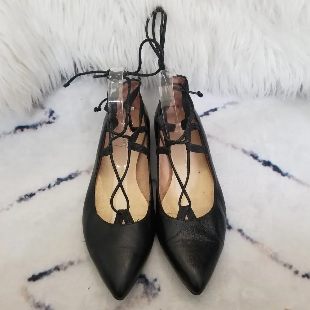 FS/NY FSNY Black Leather Lace Up Flats Ballet Ballerina 10 B - Picture 3 of 12